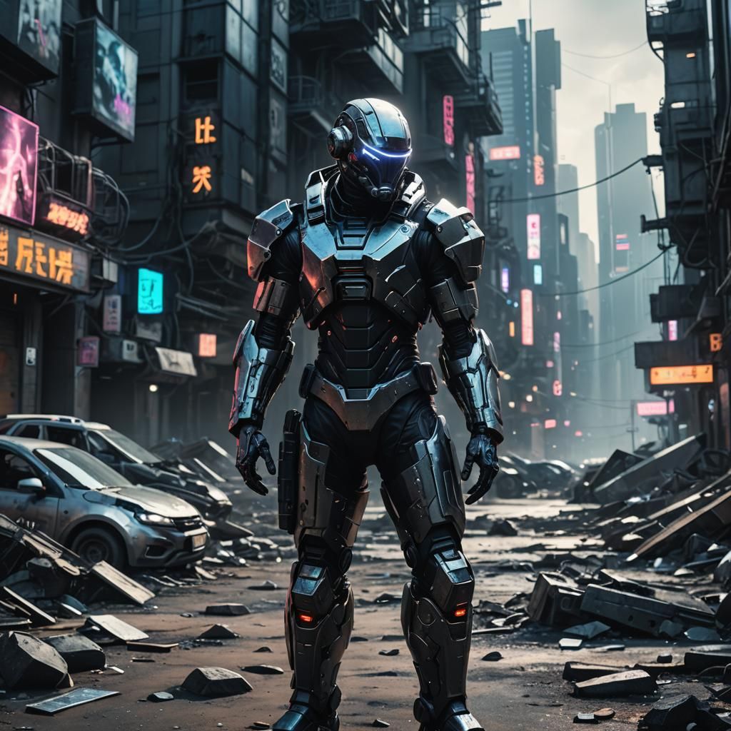Futuristic Soldier in Cyberpunk Cityscape