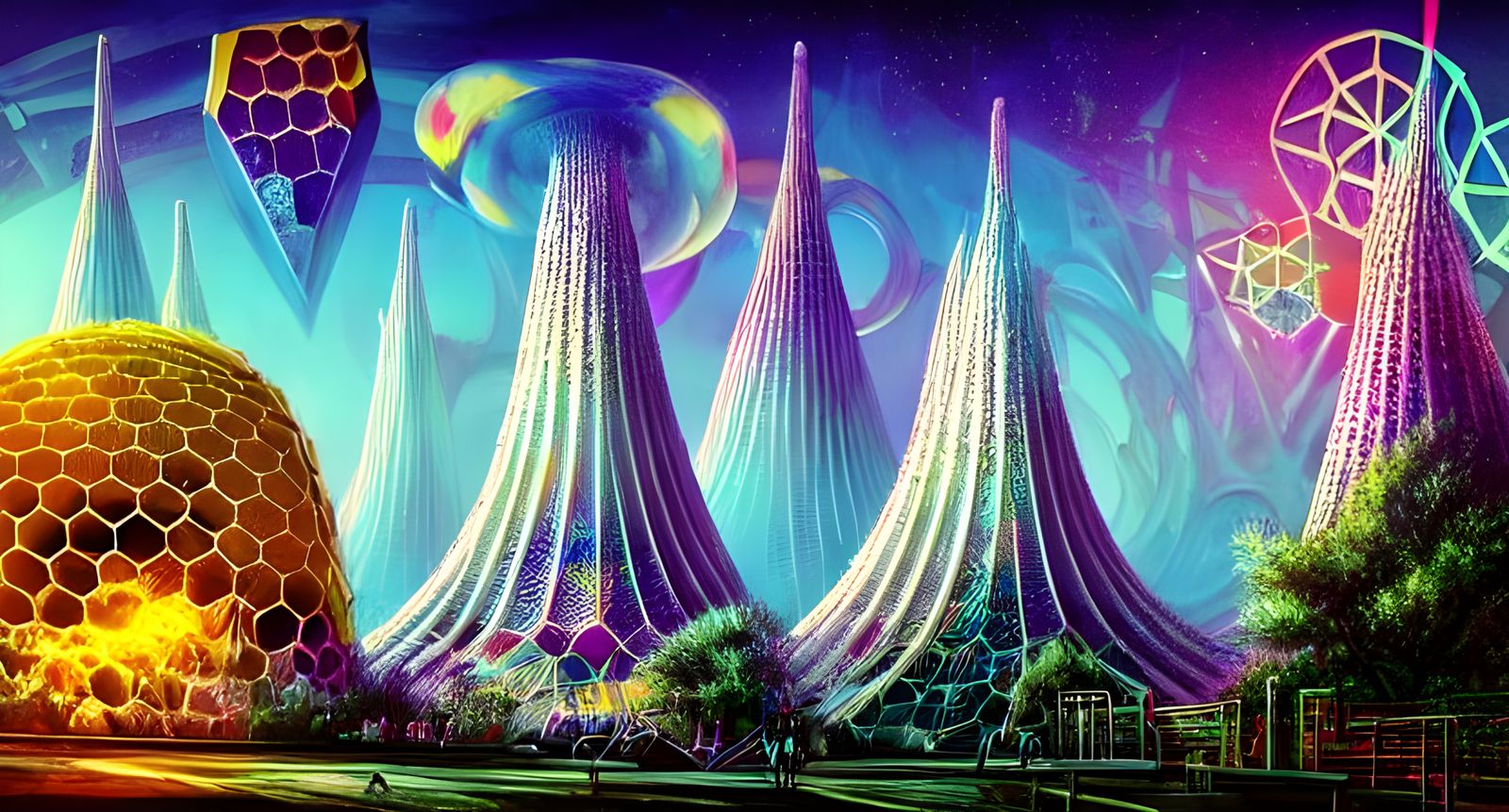 Synthwave Dreamscape: Cosmic Temples and Skateparks