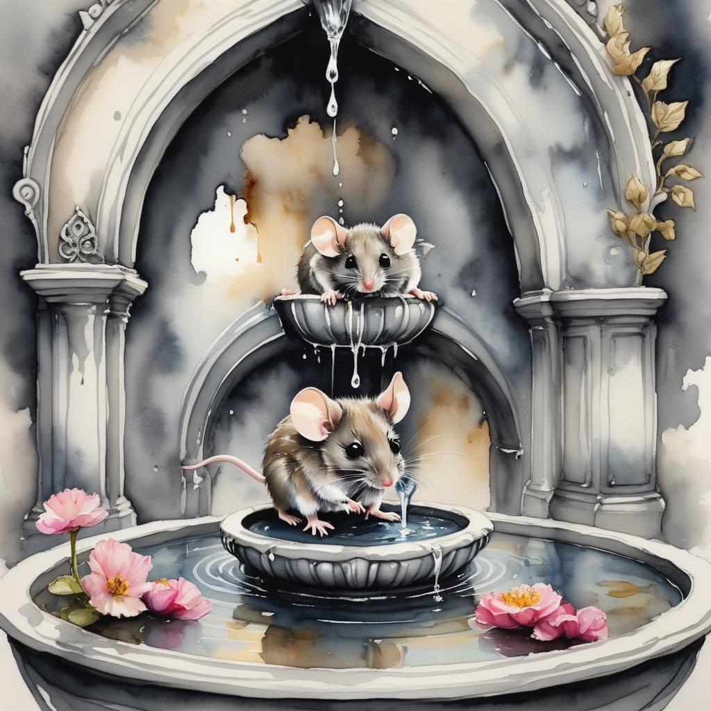 Cute Mouse Plays in Ornate Fountain: Watercolor Art