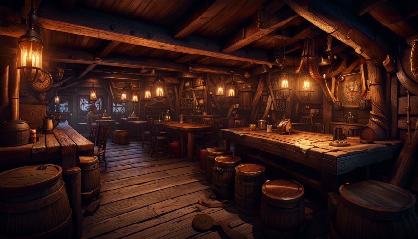 Detailed Pirate Tavern Scene with Dynamic Lighting