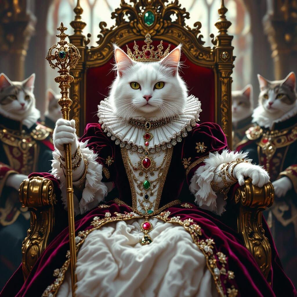 Regal White Cat as Queen Elizabeth I in Throne Room