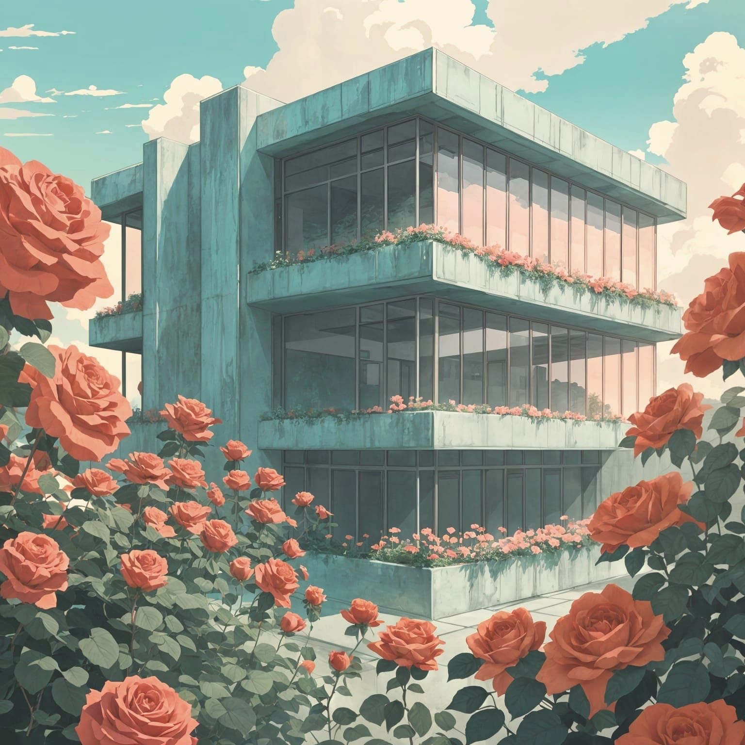 Minimalist Building with Roses, Anime Key Visual