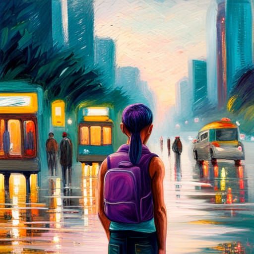 girl at a bus stop, futuristic city background, neon lights, no sleeves, purple jacket, torn jeans, teal hair, undercut,...