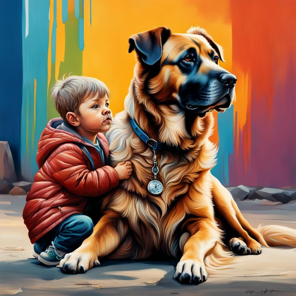 St. Bernard Dog with Child: Hyperrealistic Splash Art