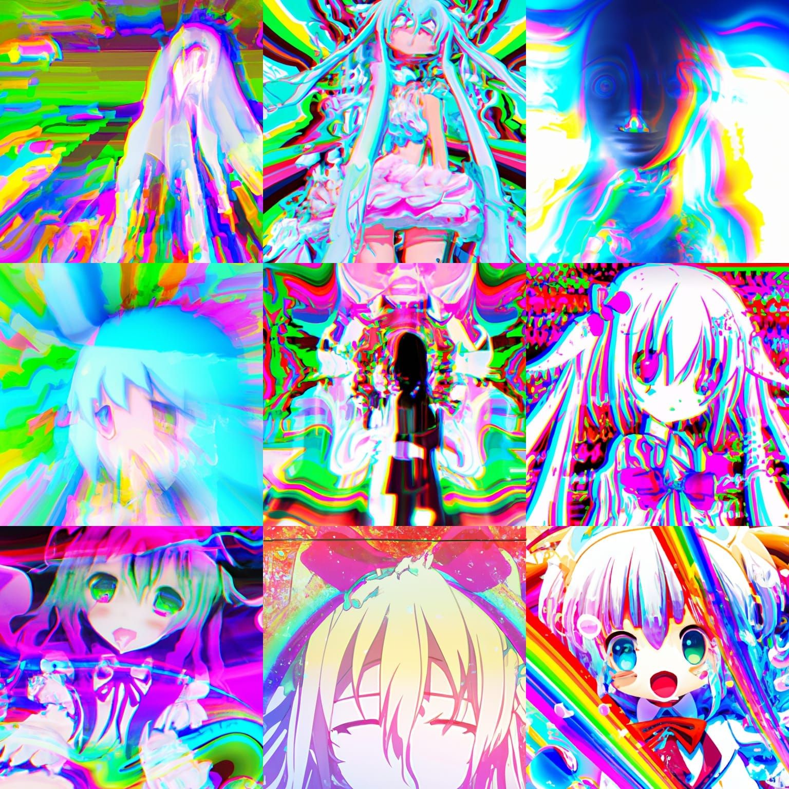 Psychedelic Melting Anime Doll Figurine in Rainbow Colors