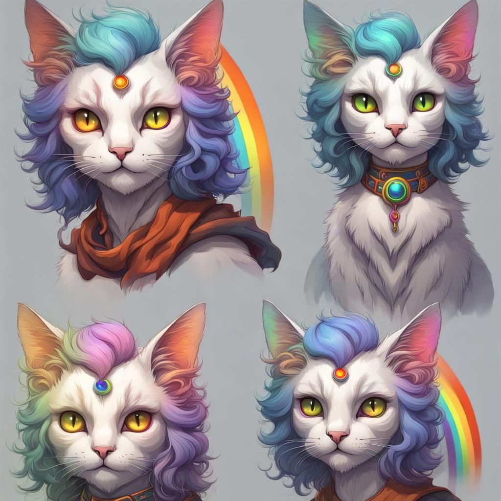 Rainbow Haired Cat Character Design Sheet