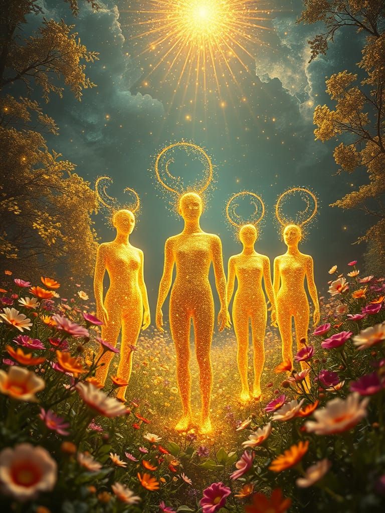 Celestial Beings in a Whimsical Garden Scene