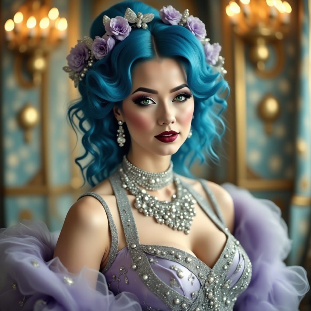 Elegant Woman with Blue Hair in Ballroom