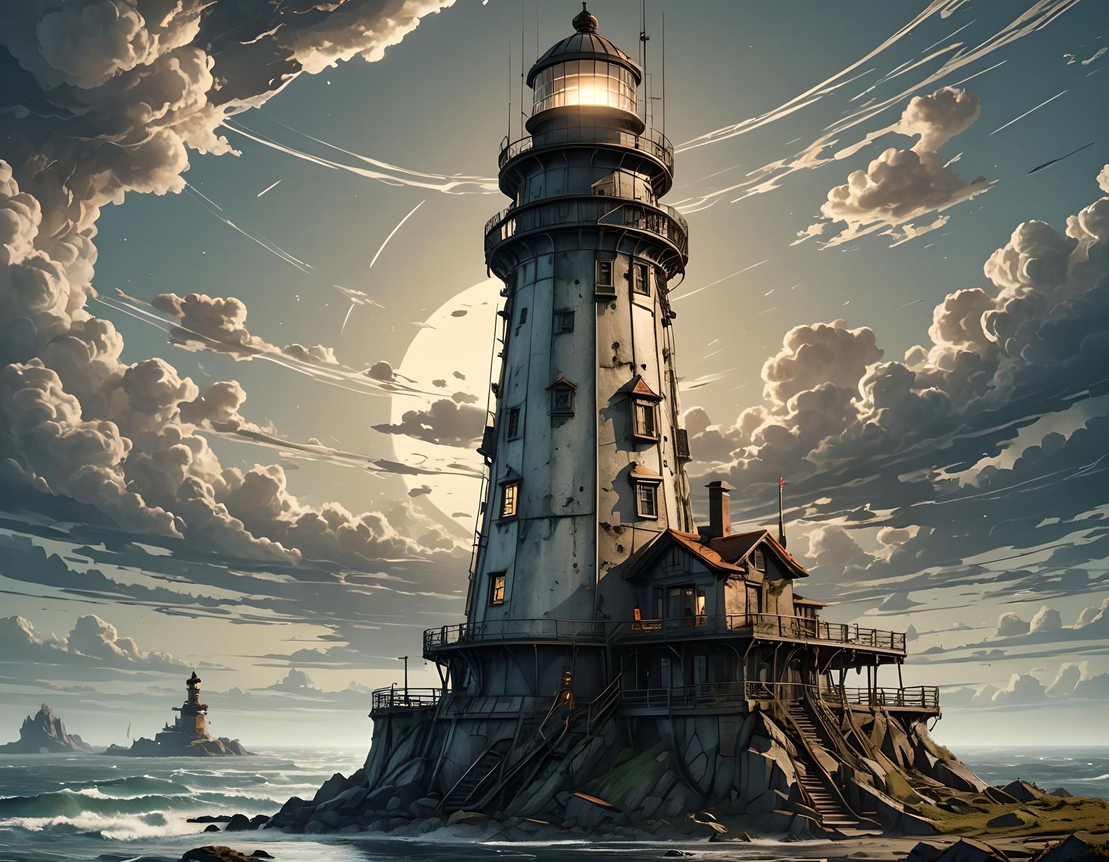 Futuristic Post-Apocalyptic Lighthouse: Detailed 3D Illustra...