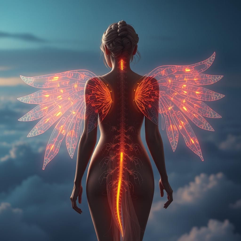 Woman with Translucent Wings in a Fantasy Landscape