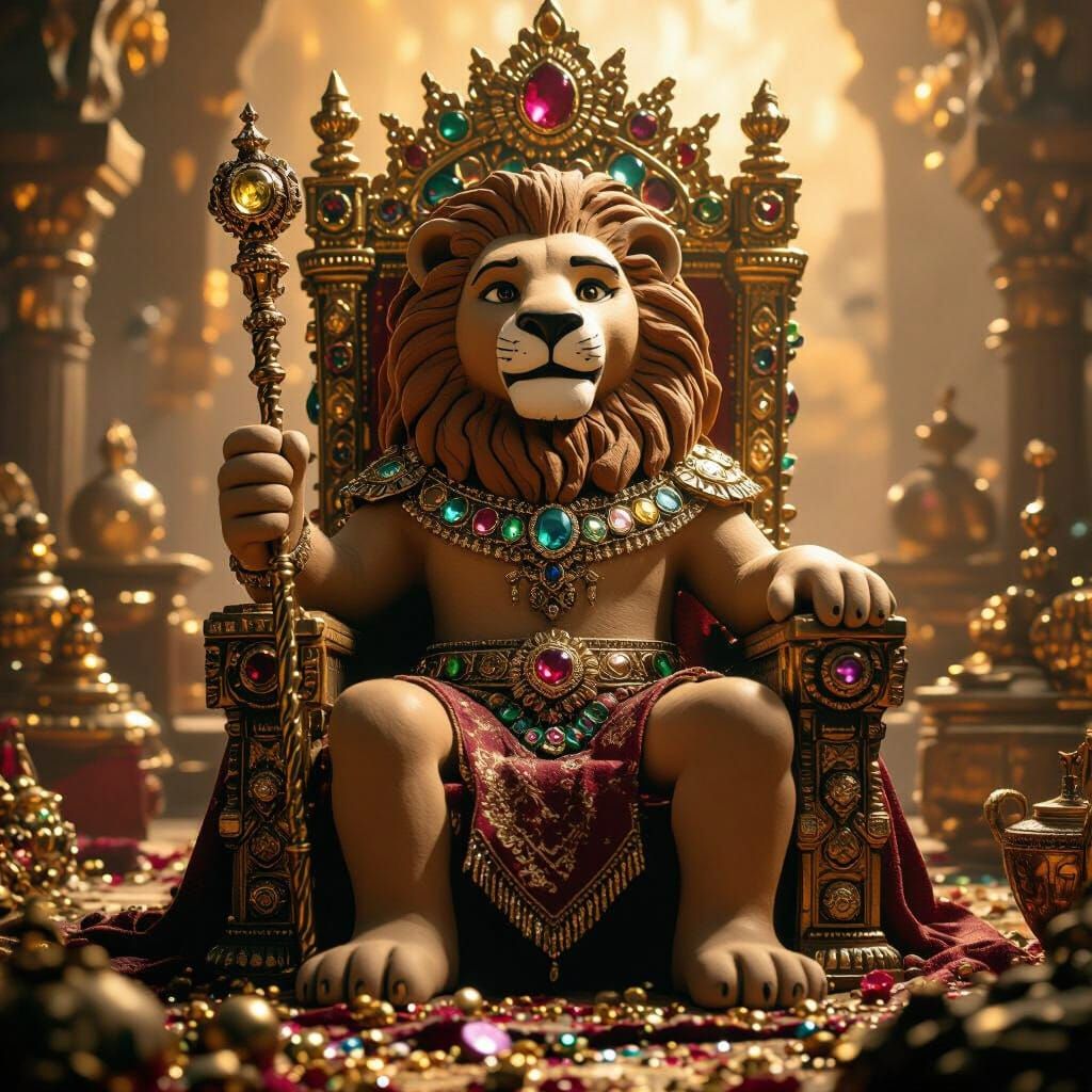 Majestic Clay Lion on Gem Throne
