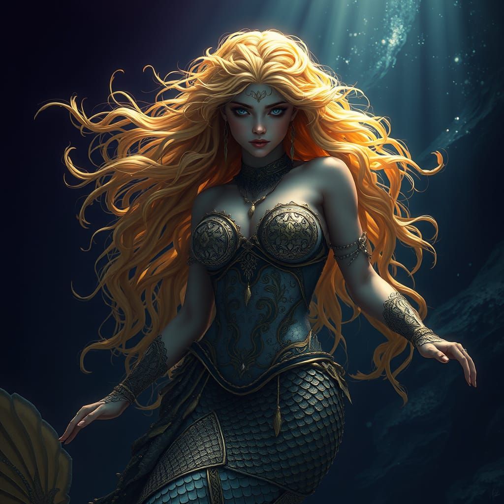 Sirena with Fish Tail Drifts in Abyssal Currents in Dark Fan...