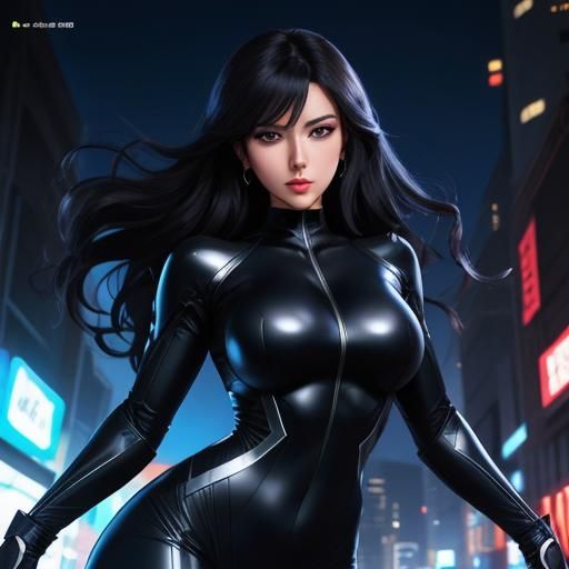 Anime Girl in Black Bodysuit, Cel-Shaded Style