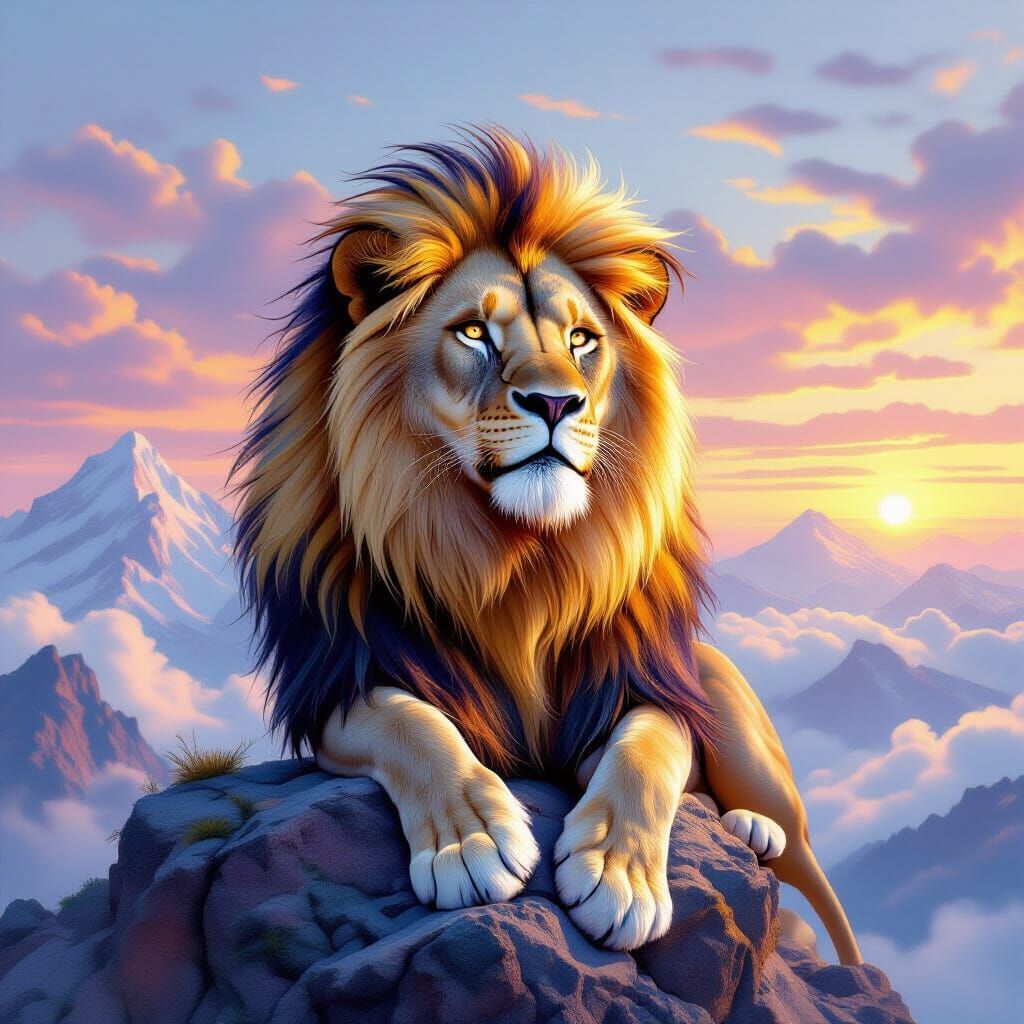 Feathered Lion on Misty Peak: Hyperrealistic Art