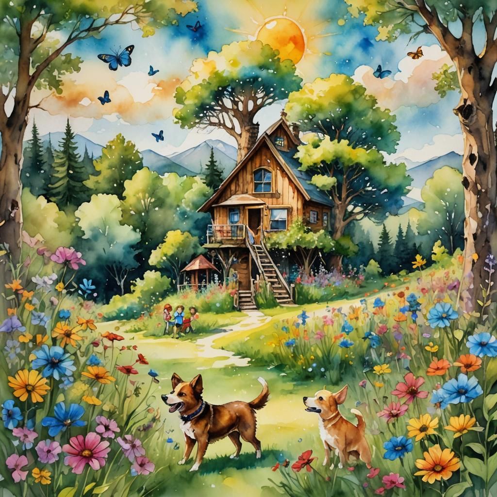 Playful Summer Meadow in Watercolor Alcohol Ink Style