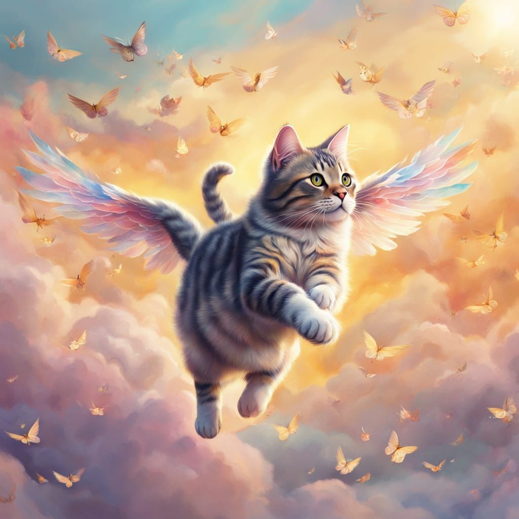 Whimsical Flying Cat in Dreamlike Watercolor Style