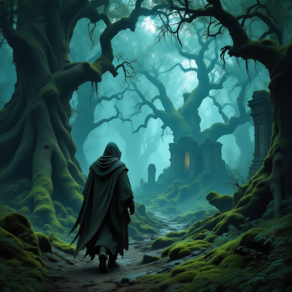 Ethereal Forest Traveler in Dark Fantasy Style