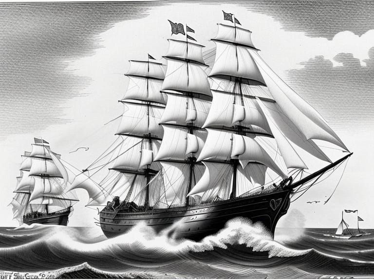 1800s Whaling Ship Attacked by Cachalot in Etching Style