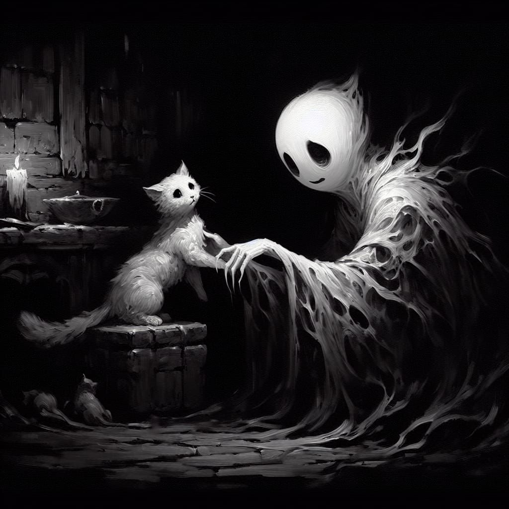 Melancholic Ghost Comforting Cat in Darkness