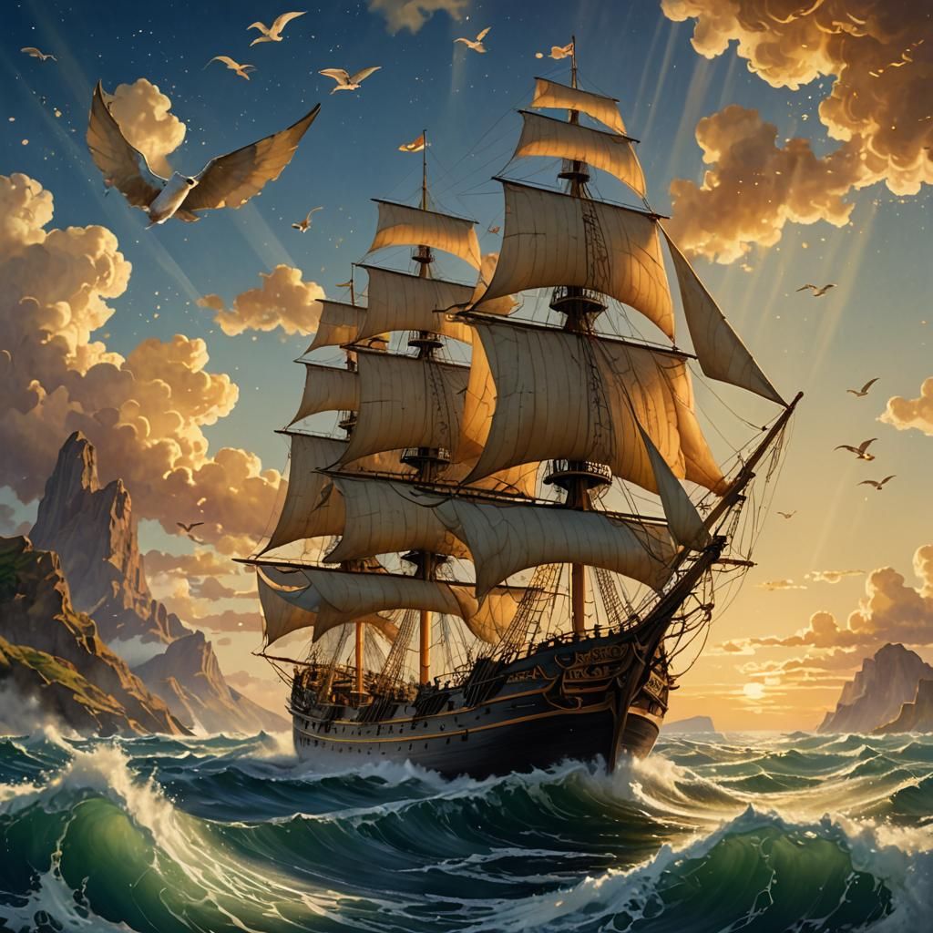 Majestic Ship on Choppy Seas in Parrish Style