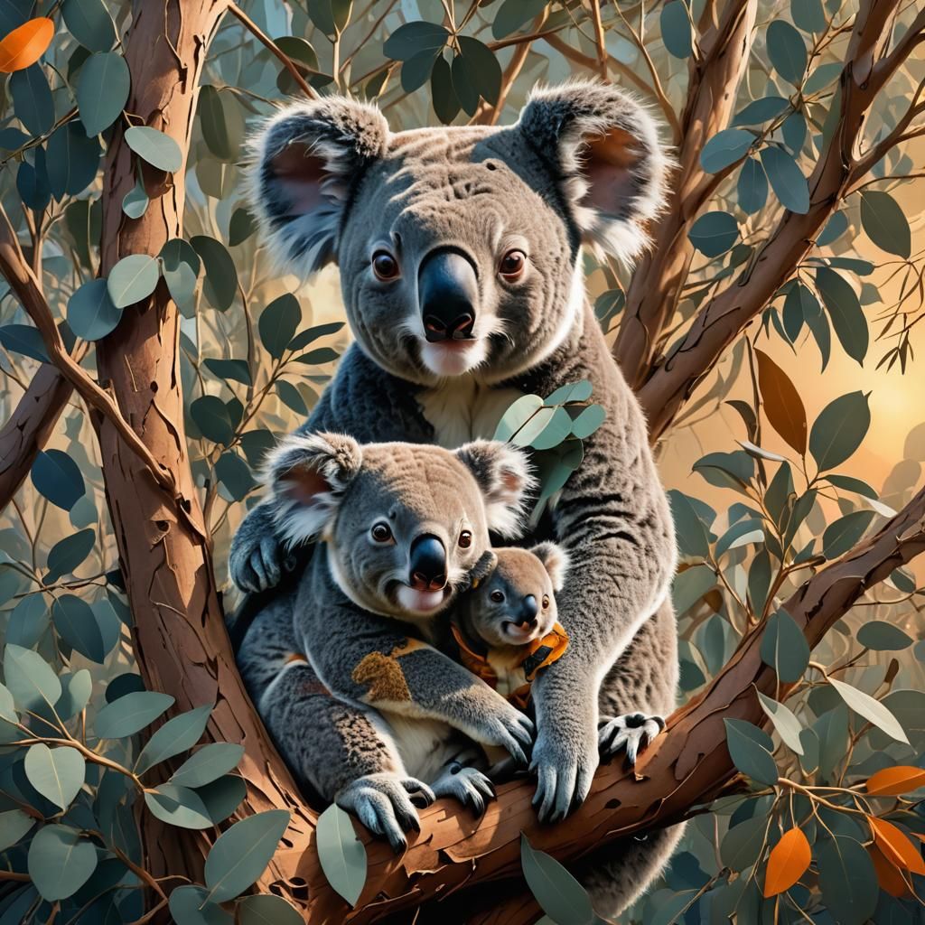 Koala Family in Eucalyptus Tree: Digital Matte Painting