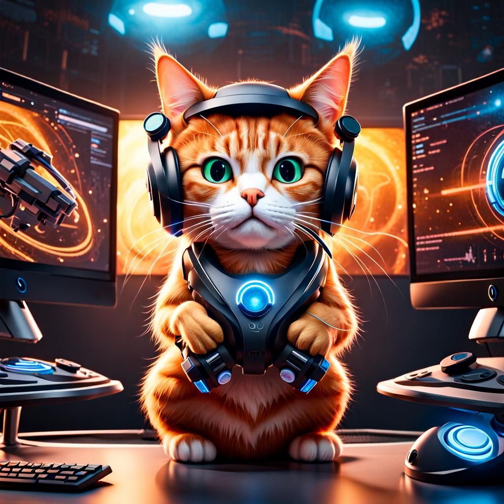 Funny Ginger Cat Gamer in VR with Oversized Features