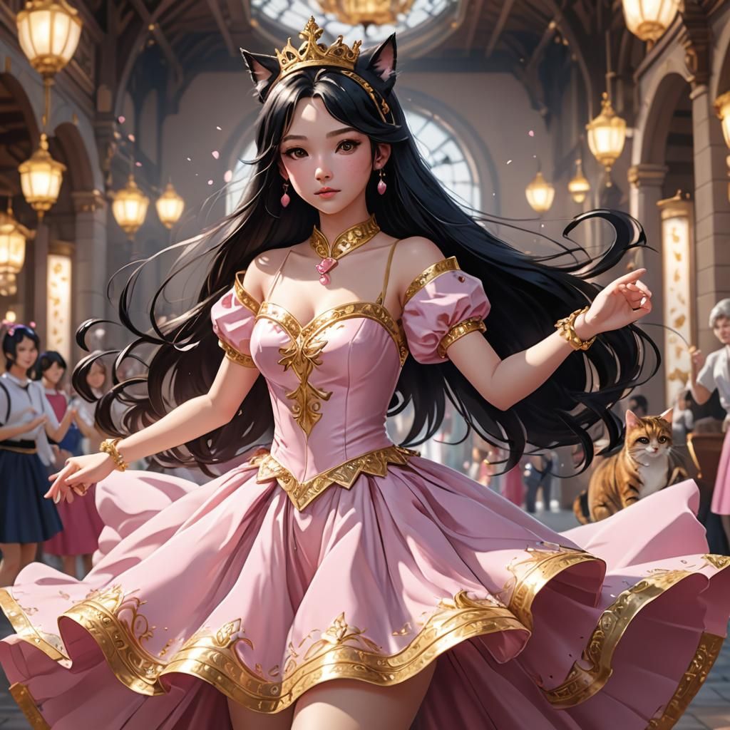 Anime Princess Dancing with Cat, 3D Art
