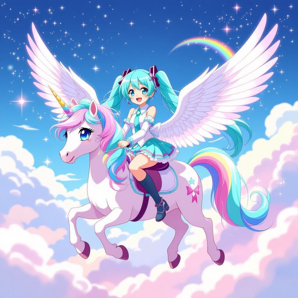 Hatsune Miku Rides Winged Unicorn Through Starry Sky