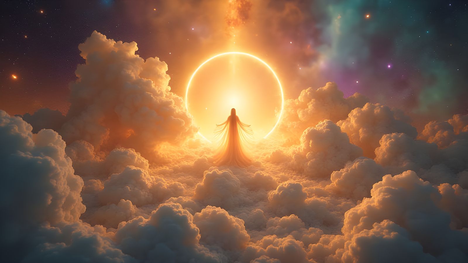 Peaceful Cosmic Being Radiates Harmony in Vibrant, Swirling ...