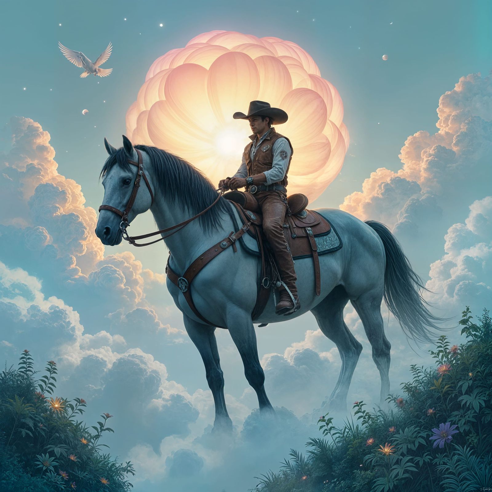 Cowboy Rides Future Horse in Bioluminescent Sky