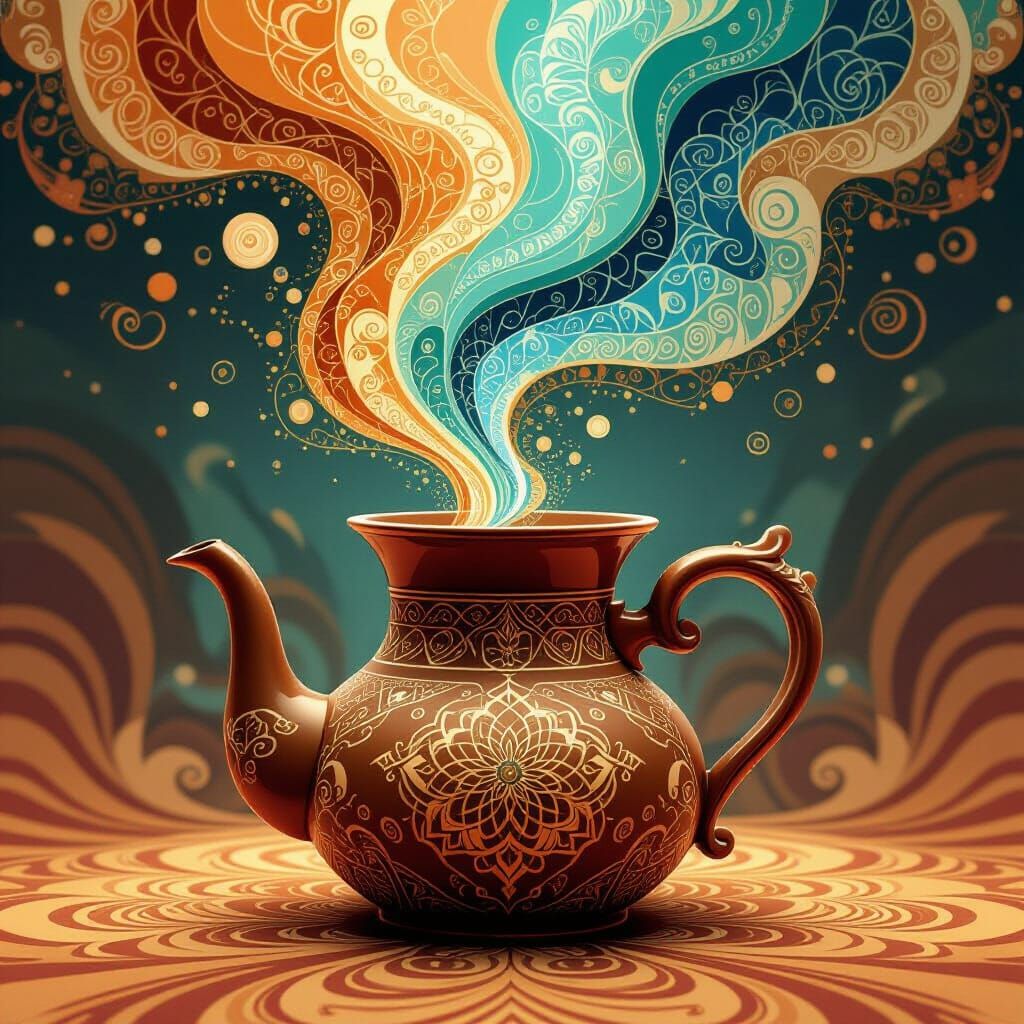 Genie Emerges From Coffee Pot in Abstract Fractal Style