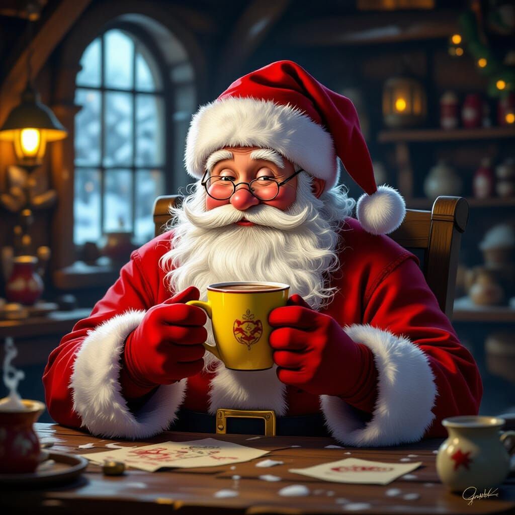 Santa's Hot Chocolate Masterpiece in Dark Fantasy Style