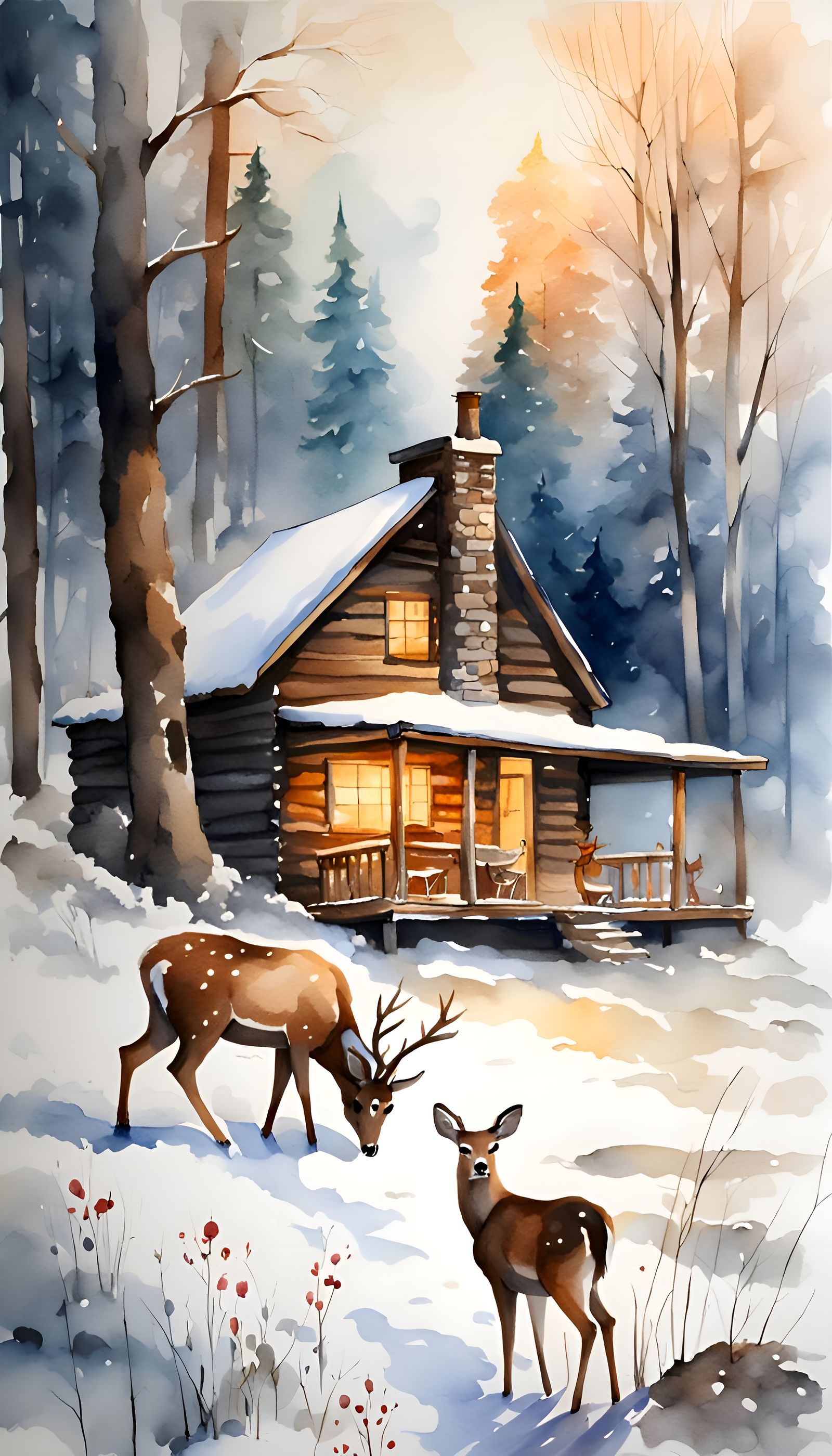 Cozy Cabin in Snowy Woods: A Watercolor Scene