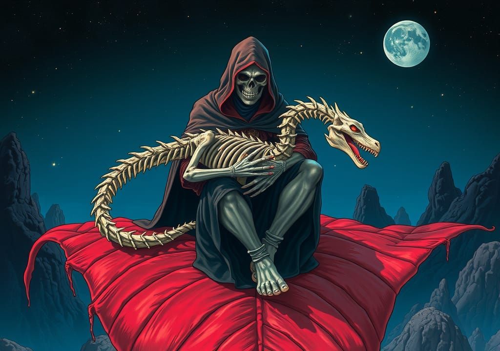 Grim Reaper with Dragon: Moebius Style Illustration