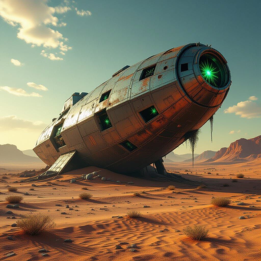 Derelict Spaceship in Alien Desert, Nature Reclaims