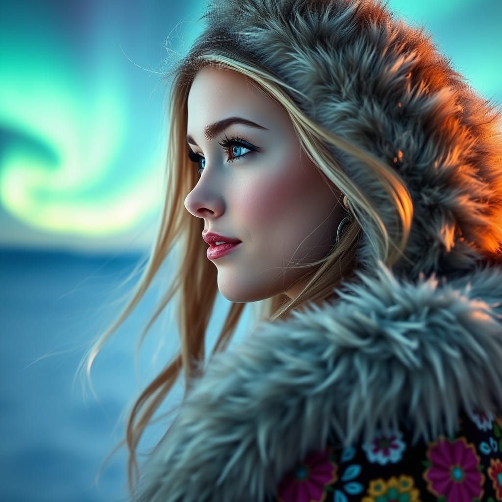 Ethereal Saami Princess in Traditional Embroidered Attire