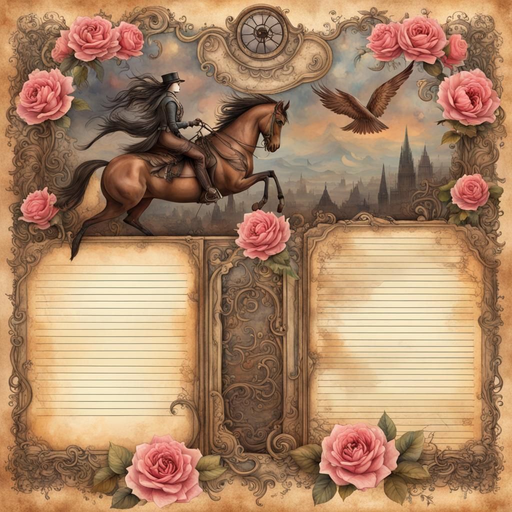 Steampunk Roses and Birds Diorama in Watercolor Style