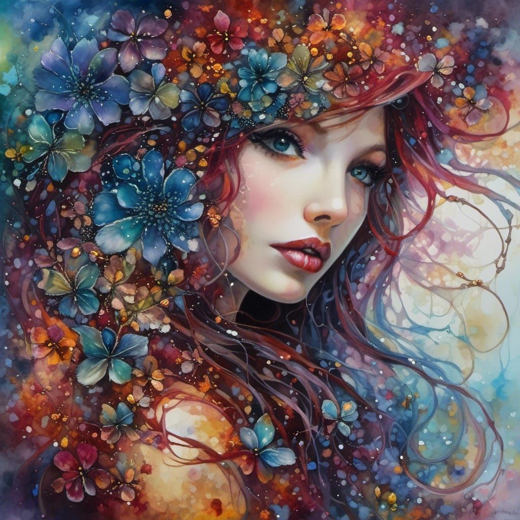 Navajo Woman with Desert Flowers: Alcohol Ink Art