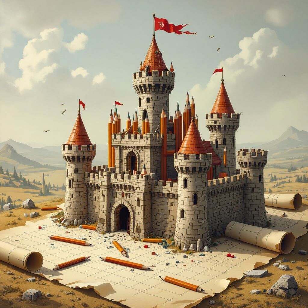 Medieval Pencil Castle on Parchment Scroll