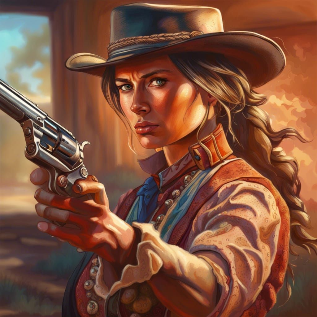 Stern Gunslinger in Wild West, Hyperrealistic Art