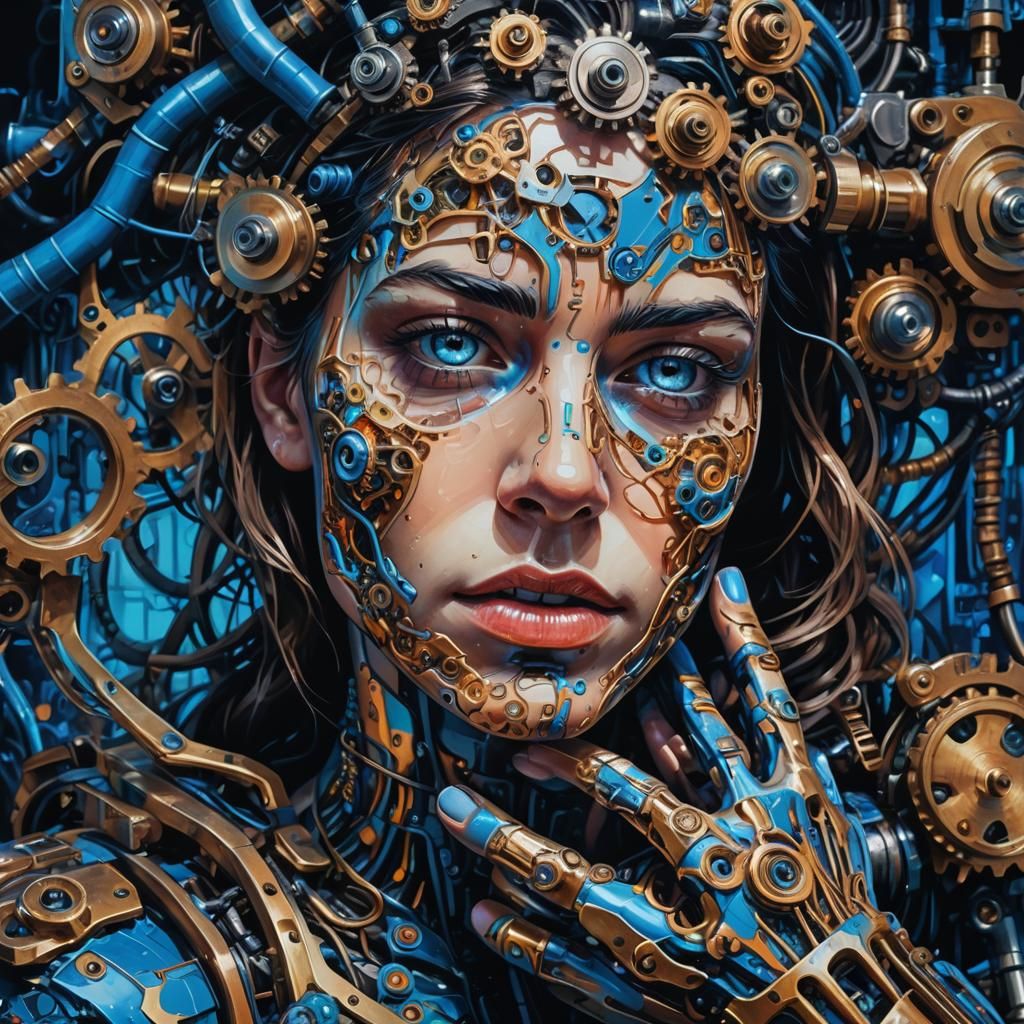 Biomechanical Portrait with 3D Arm in Expressionist Style
