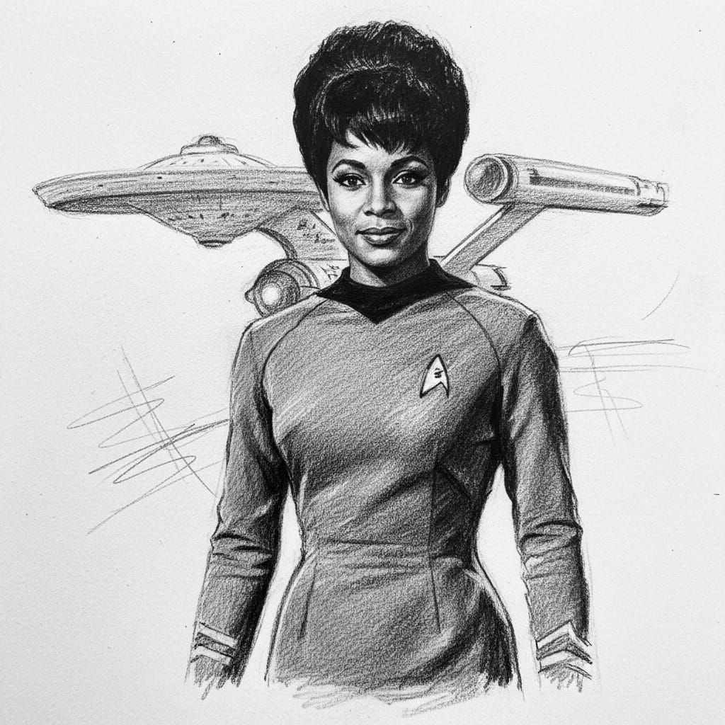 Monochrome Charcoal Sketch of Uhura with Enterprise