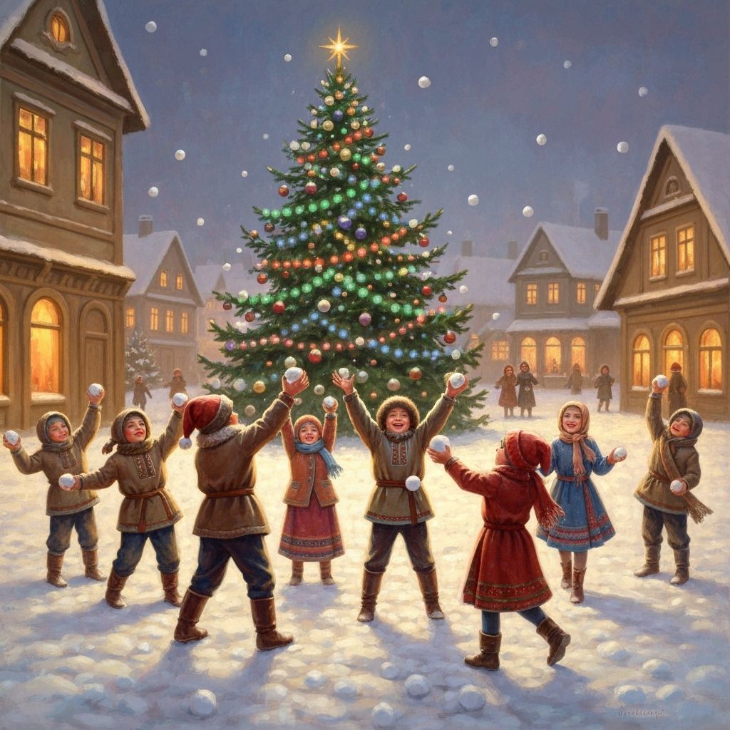Children Play Snowball Fight by Colorful Christmas Tree