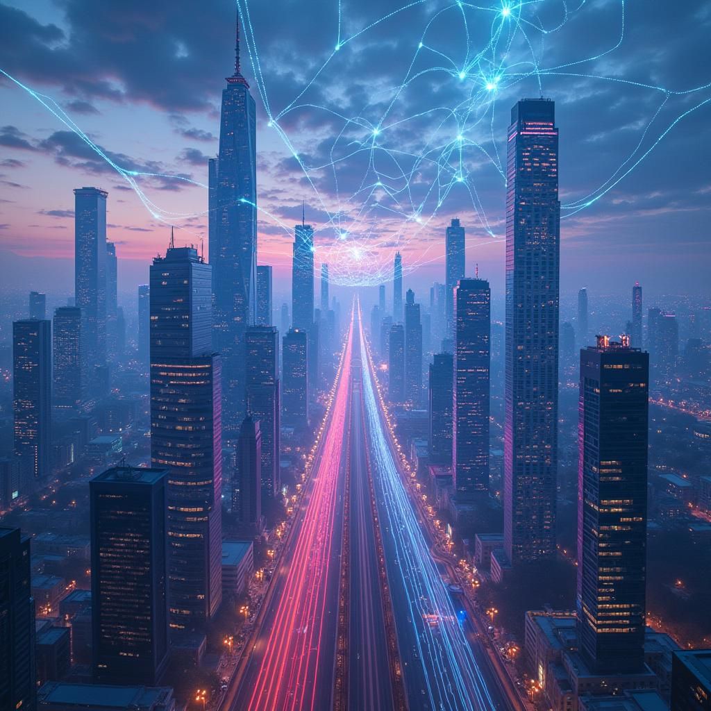 Futuristic Cityscape: Glowing Wifi Network at Dusk