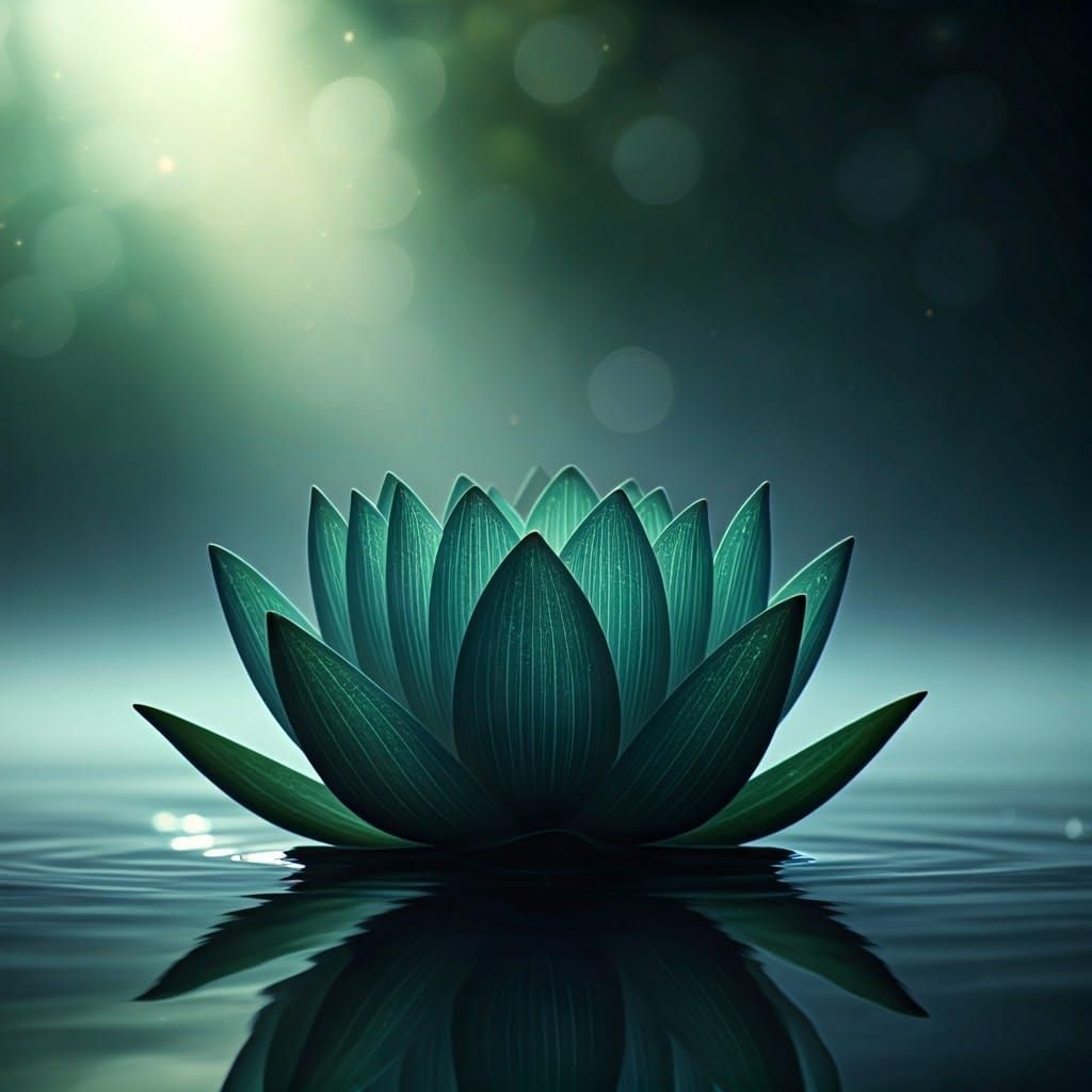 Delicate Dark Green Lotus in Japanese-Inspired Neon Ink on R...