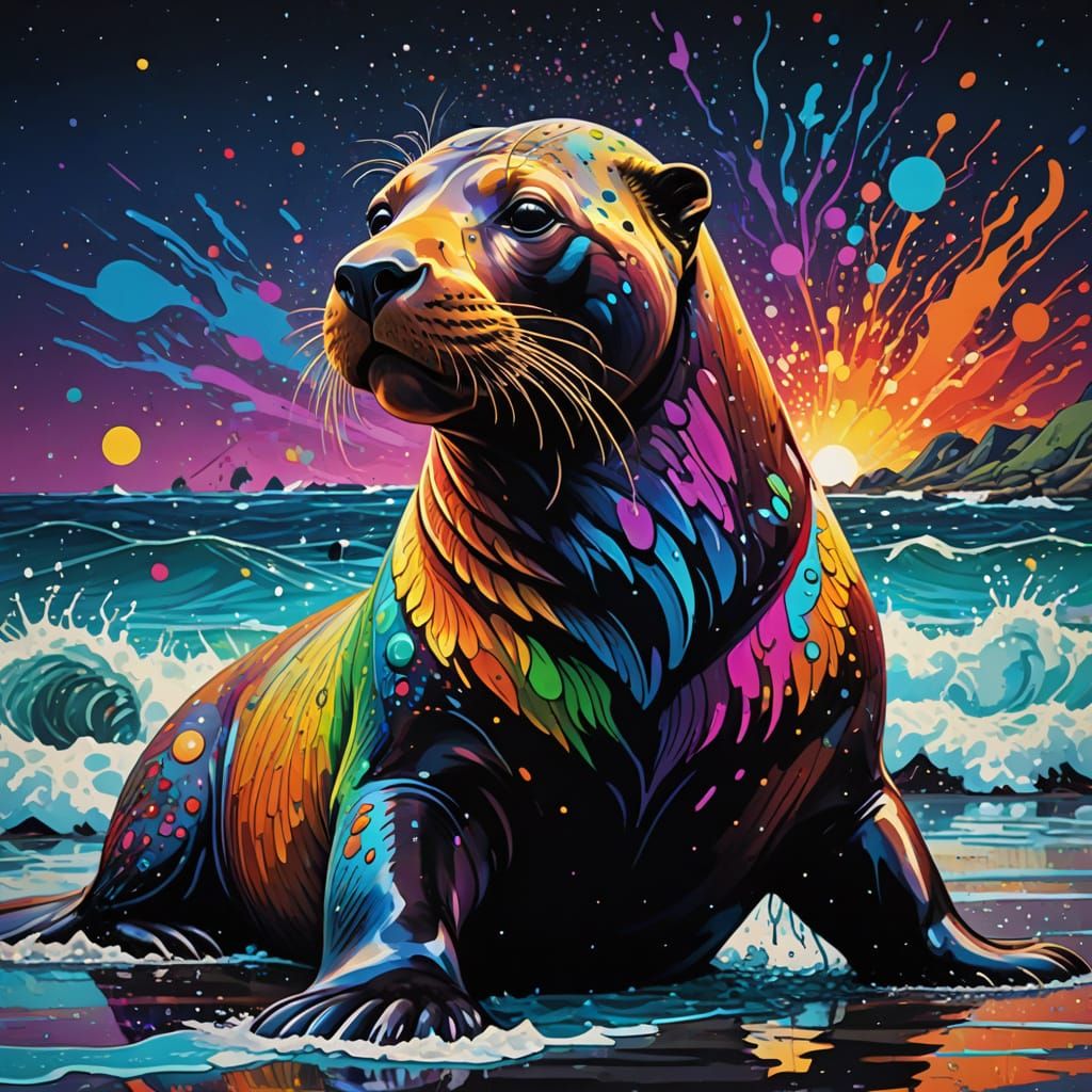 Wise Sea Lion Emerges From Abstract Ocean, Graffiti Style