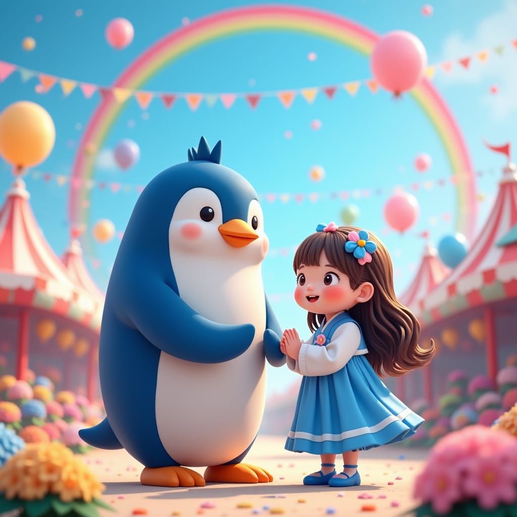 Korean Girl and Penguin Mascot at Festival in Concept Art St...