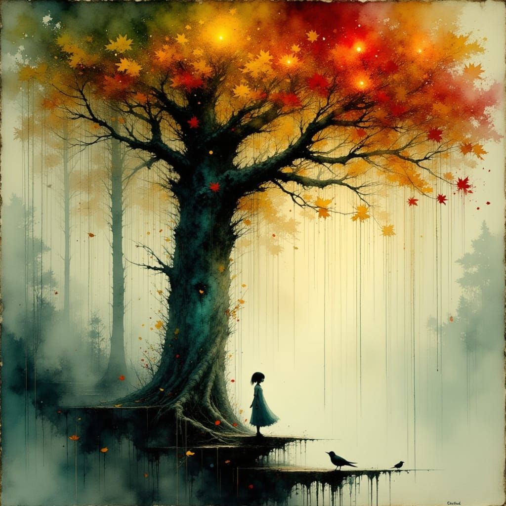 Girl and Bird Sheltered by Maple Tree Watercolor