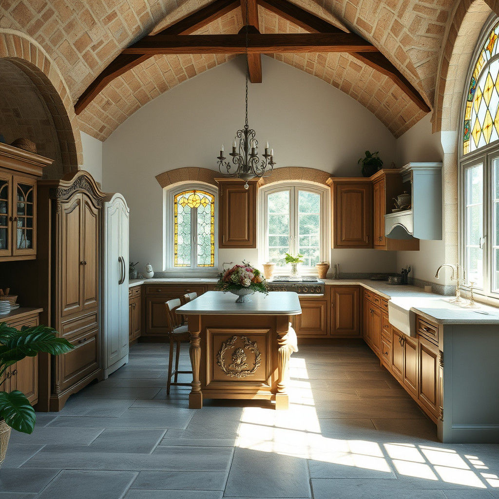 Elegant French-Style Kitchen with Stone Arches