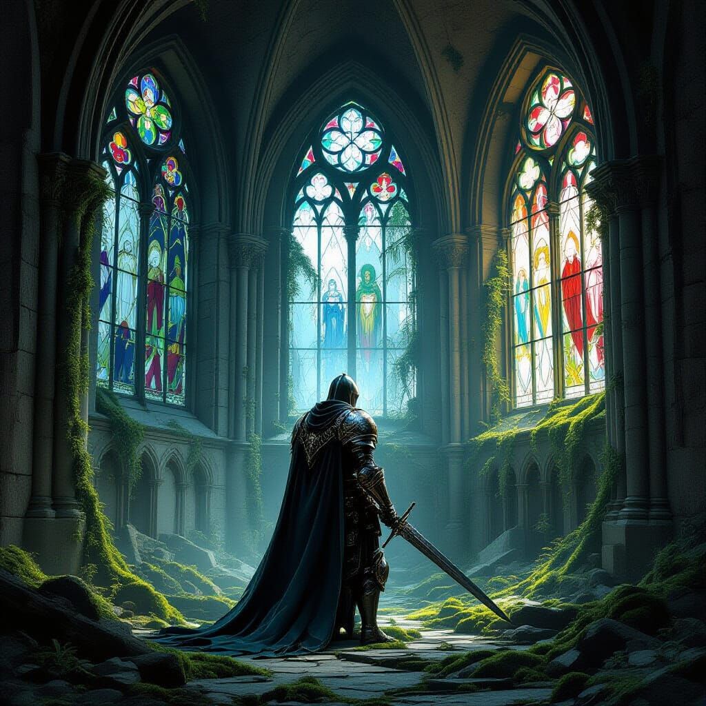 Knight in Ruined Cathedral: Dark Fantasy Concept Art